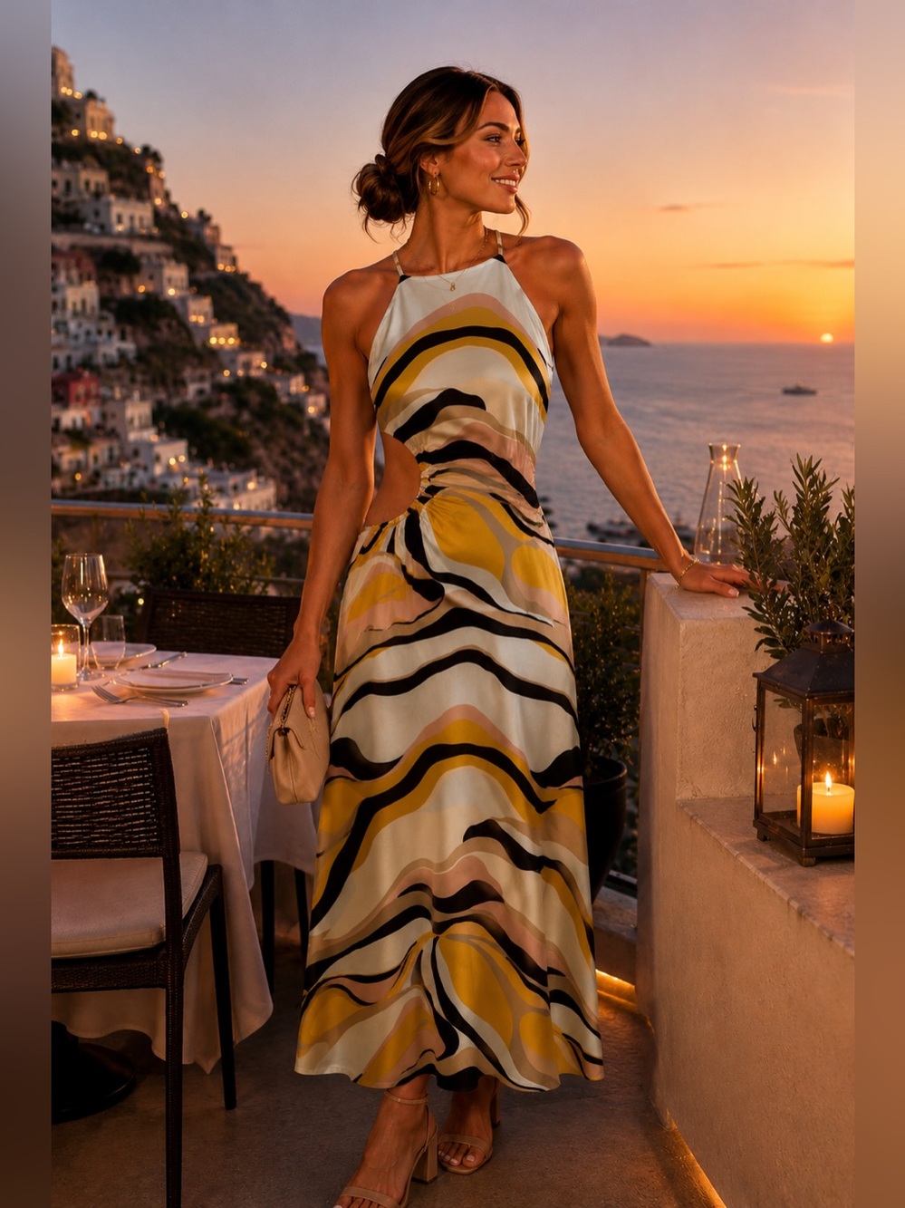 Sugarlips Multi‑Color Wave Print Halter Maxi Dress size Medium. NWT